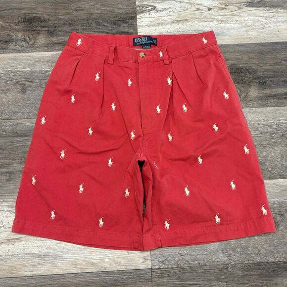Vintage 90s Y2K Polo Ralph Lauren Red Embroidered Pony AOP Mens 31 Tyler‎ Shorts - Picture 1 of 12